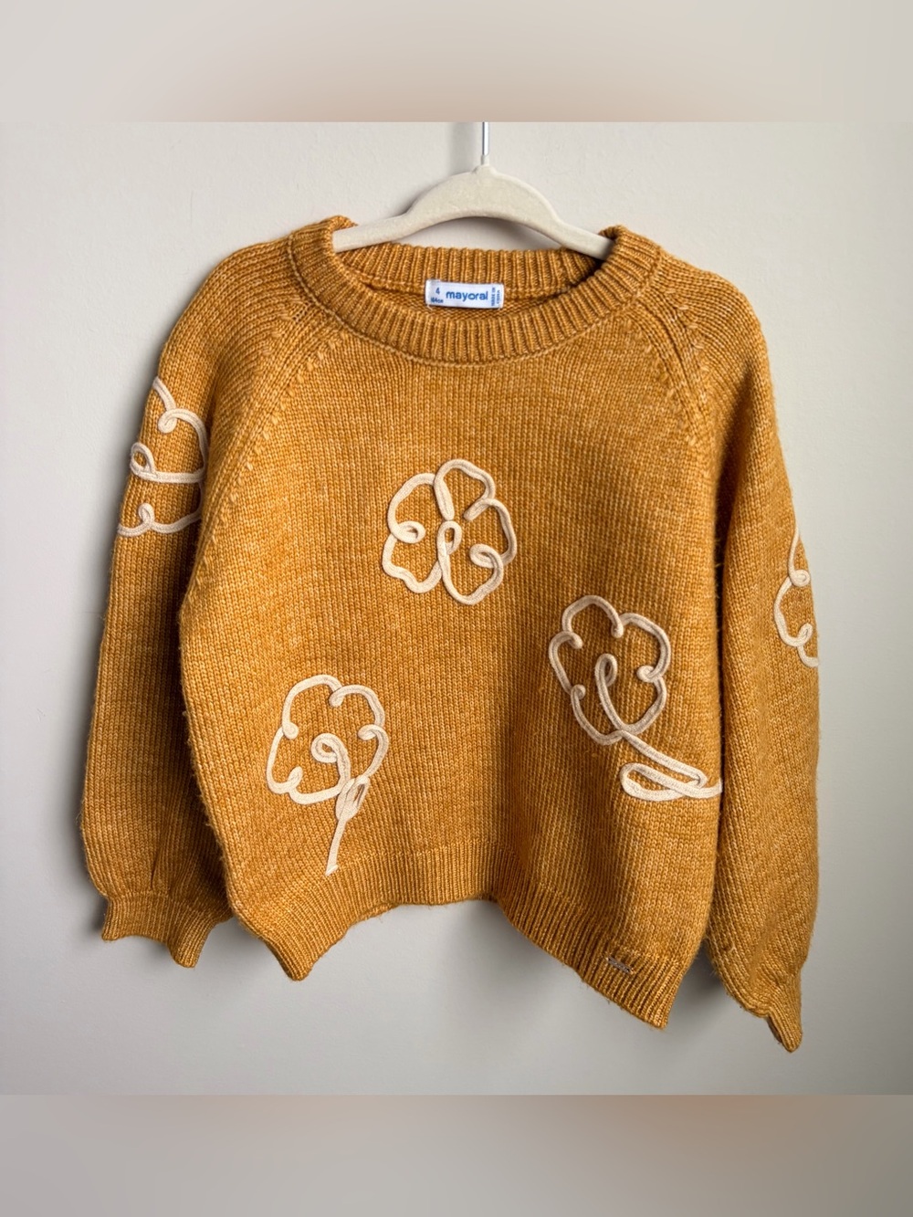 Mayoral Mustard Yellow Crewneck Sweater with Cream Flower Appliqués